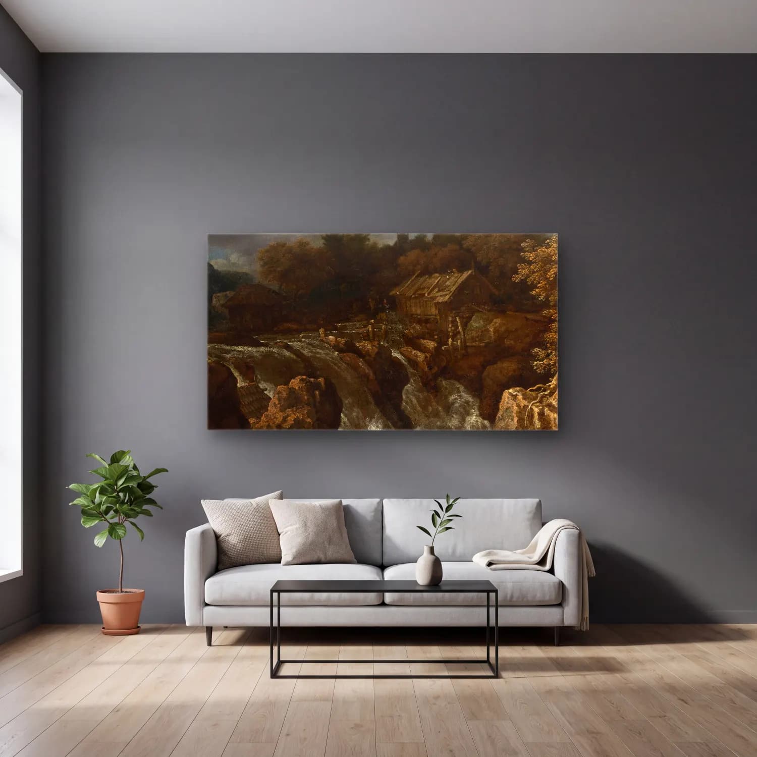 Allaert van Everdingen – Landscape with a waterfall cam tablo — gri duvarlı salonda