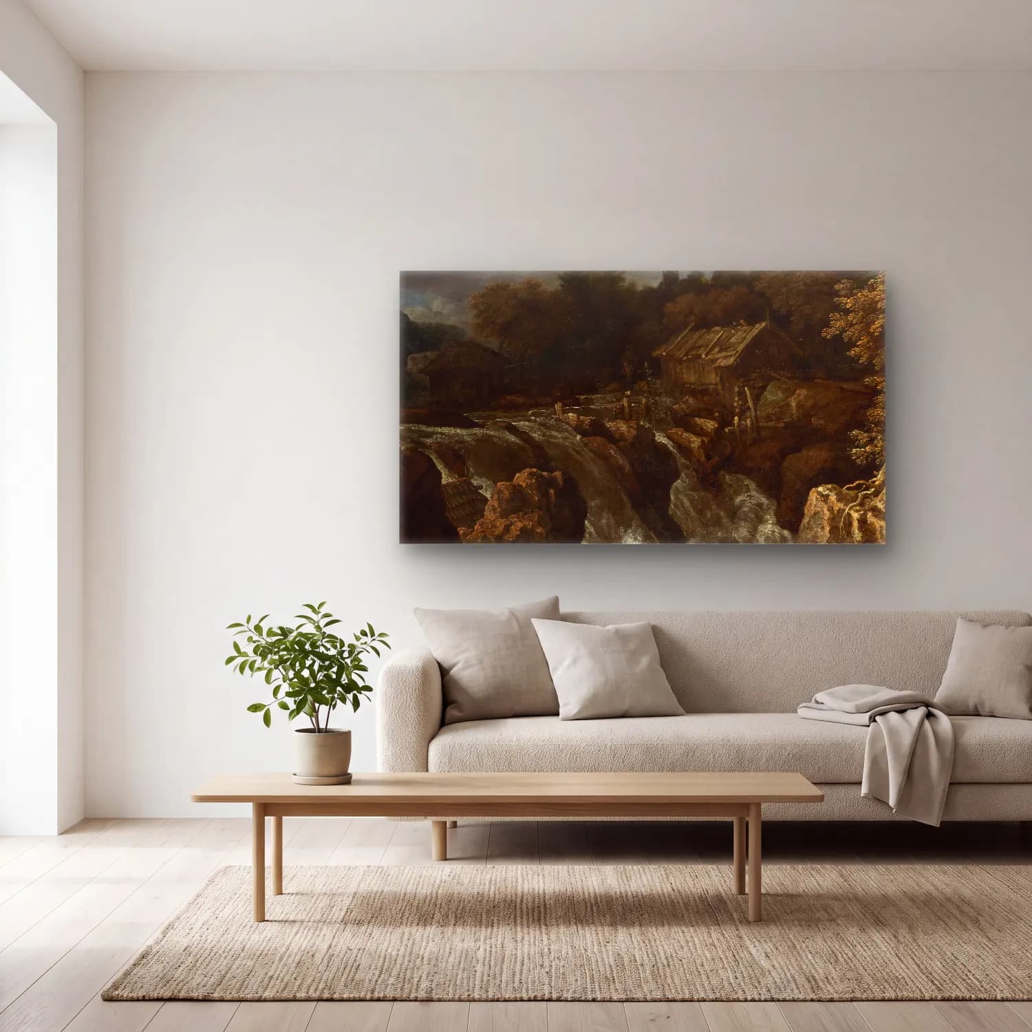 Allaert van Everdingen – Landscape with a waterfall cam tablo — açık renk salonda