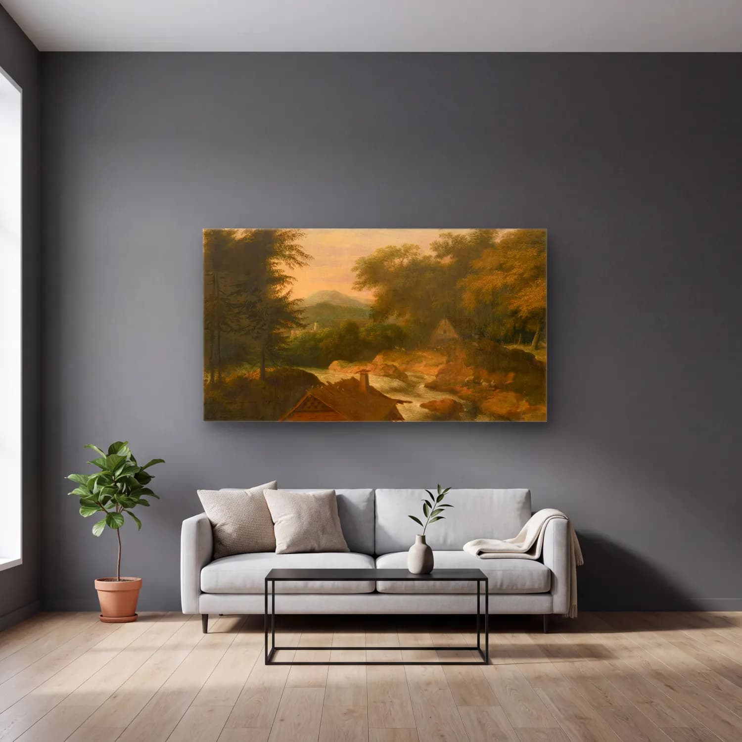 Allaert van Everdingen – River Landscape With Cottage cam tablo — gri duvarlı salonda
