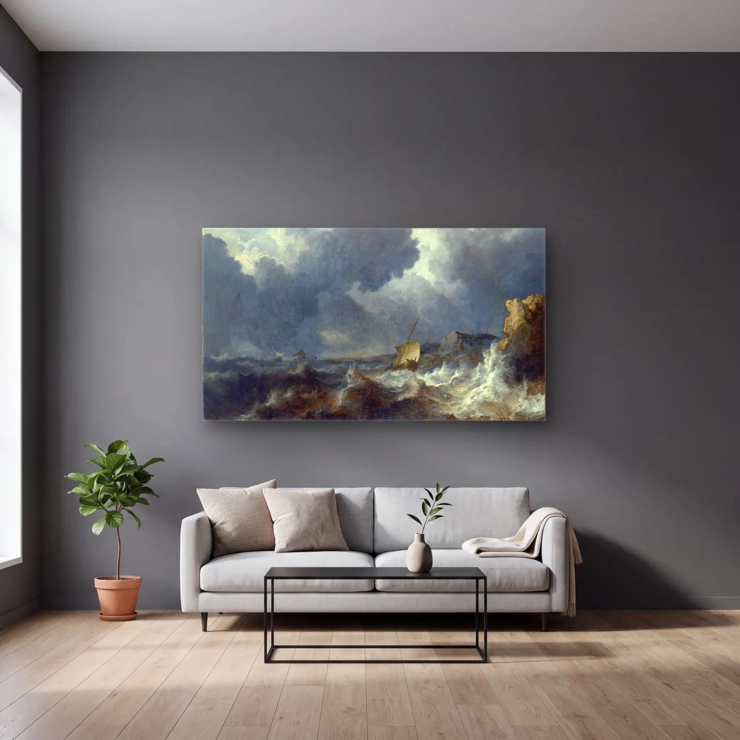 Allaert van Everdingen – Stormy Sea (ca. 1643 – 1644) cam tablo — gri duvarlı salonda