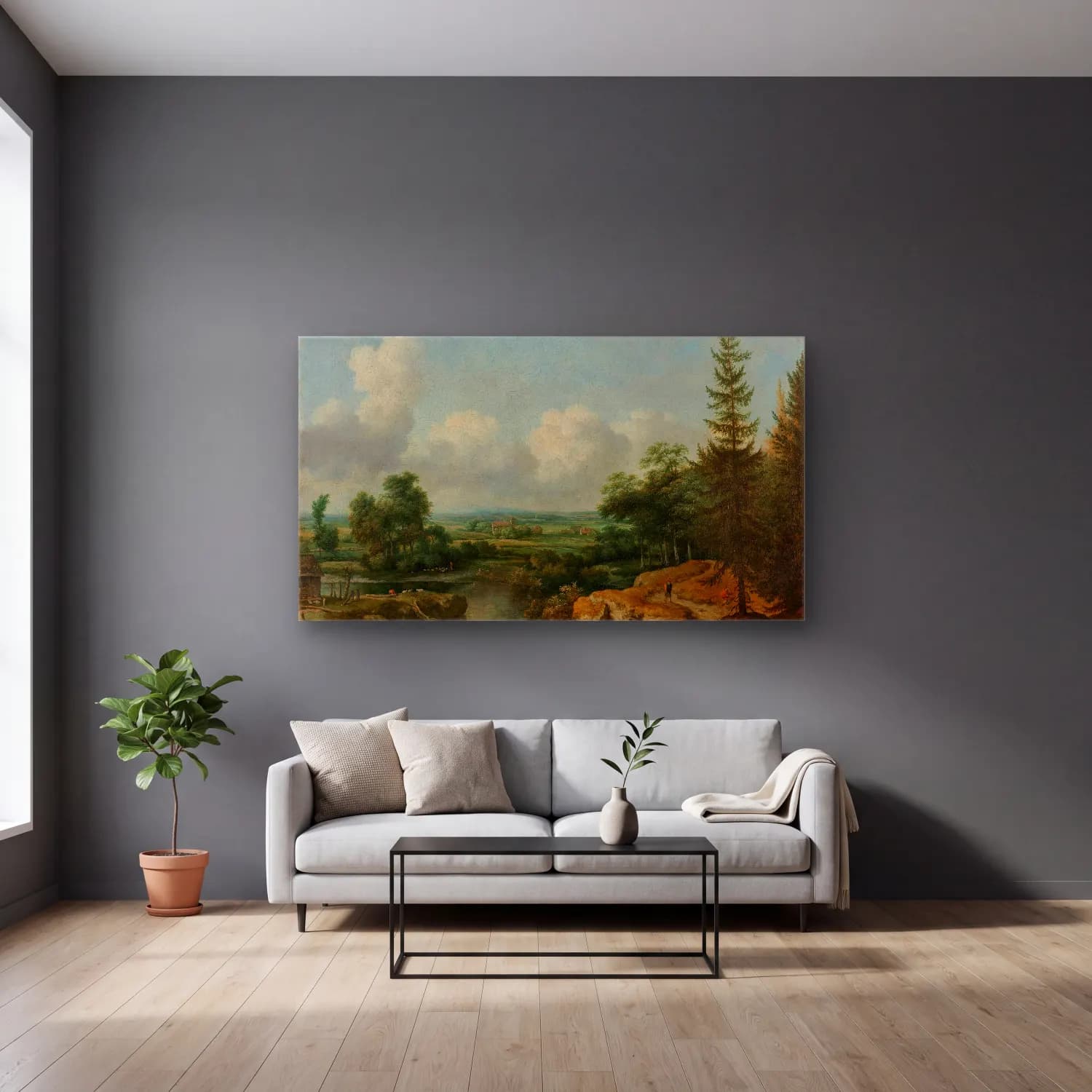 Allaert van Everdingen – Swedish Landscape cam tablo — gri duvarlı salonda