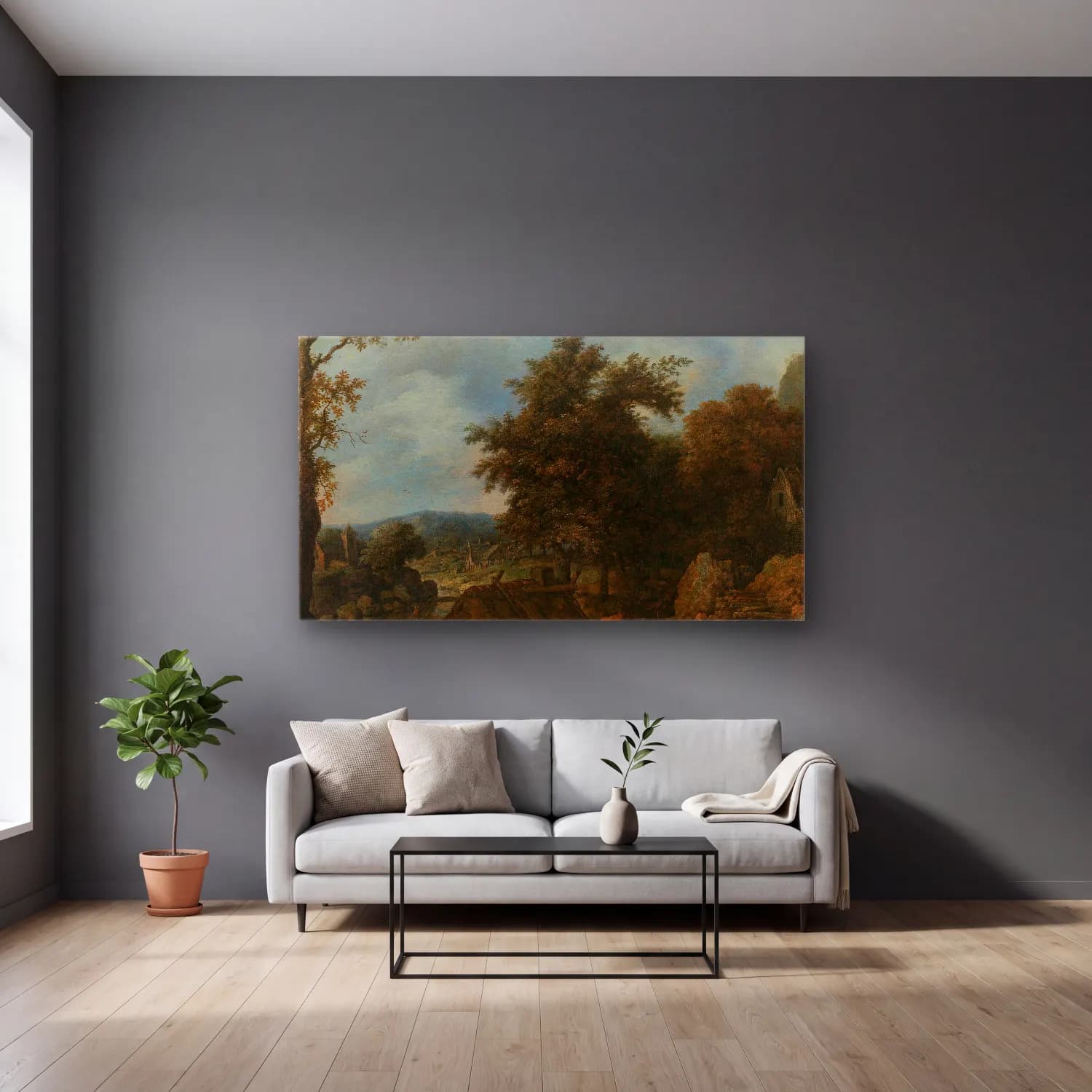 Allaert van Everdingen – Swedish Landscape with a Water Mill cam tablo — gri duvarlı salonda