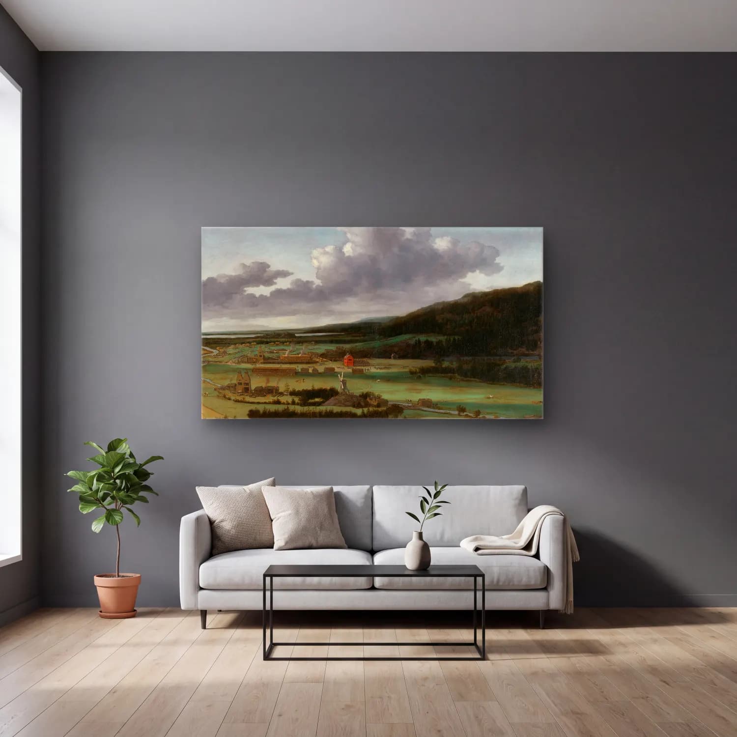 Allaert van Everdingen – Swedish Landscape with a Waterfall cam tablo — gri duvarlı salonda