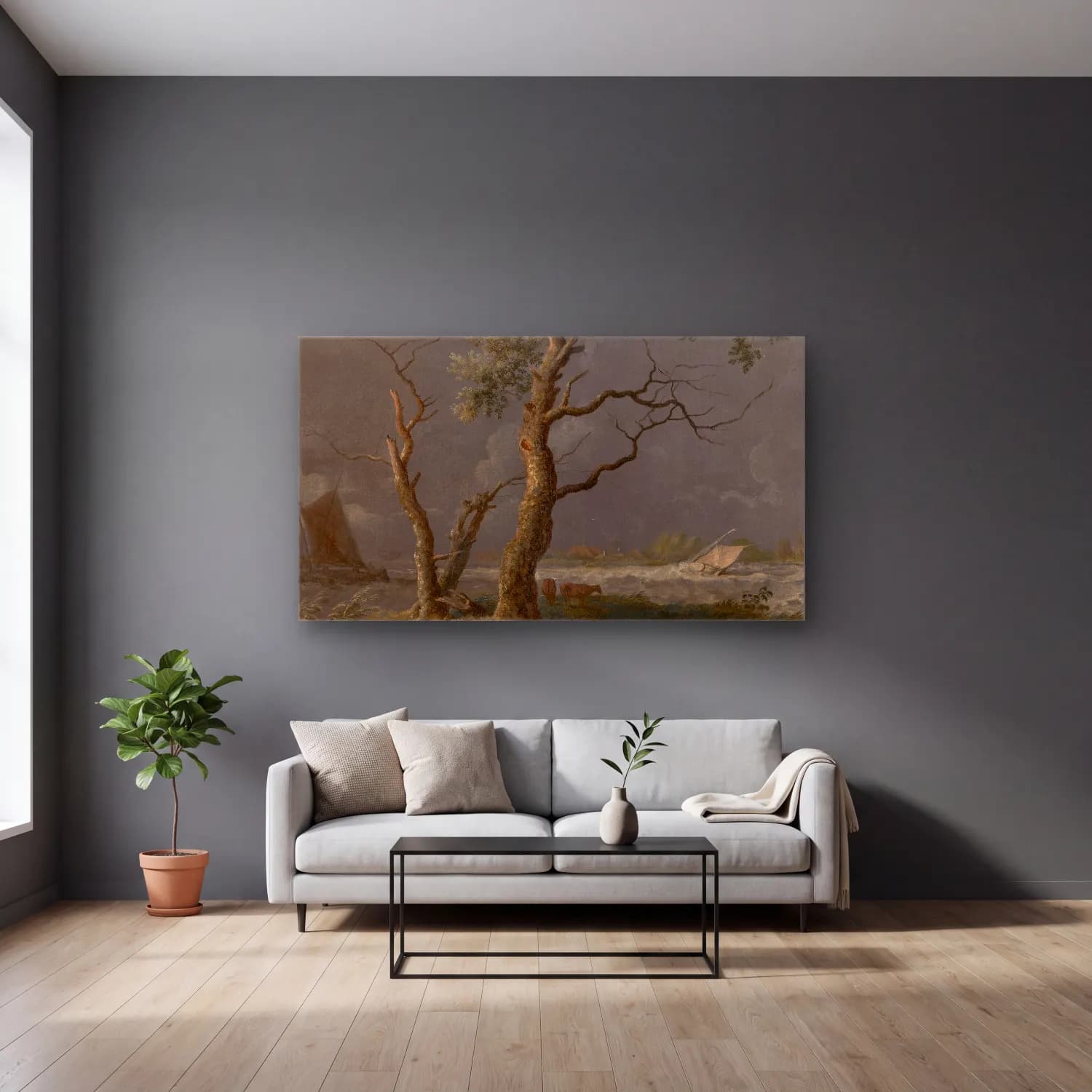 Allaert van Everdingen – Trees by the water (circa 1650) cam tablo — gri duvarlı salonda