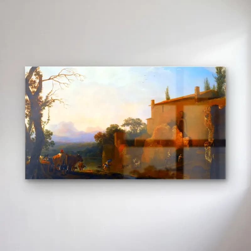 Jan Asselyn – Italianate Landscape with Peasants and Animals Fording a… cam tablo — Jan Asselyn – Italianate Landscape with Peasants and Animals Fording a… — yağlı boya antik kalıntılar