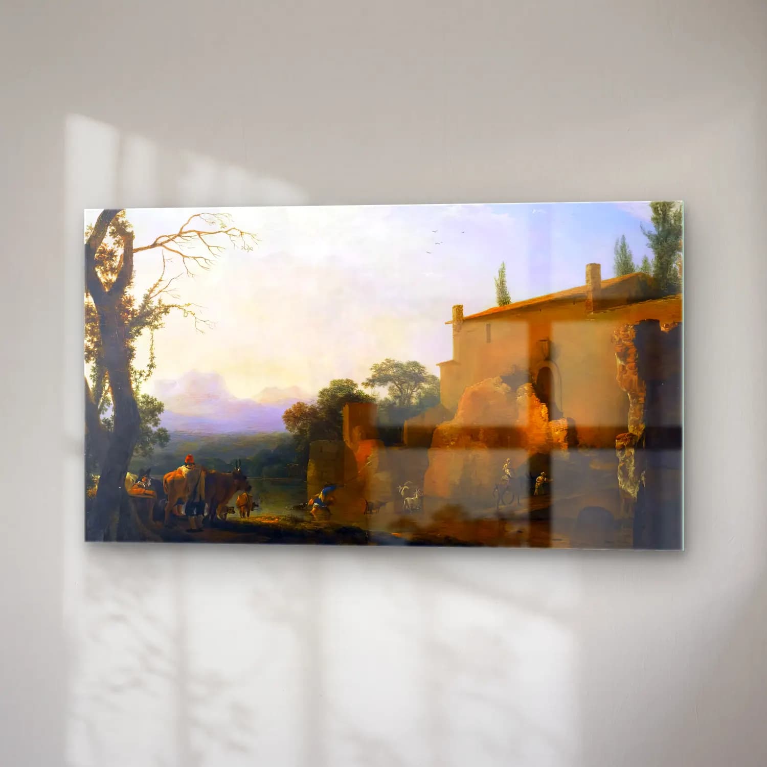 Jan Asselyn – Italianate Landscape with Peasants and Animals Fording a… cam tablo — sağ açıdan görünüm