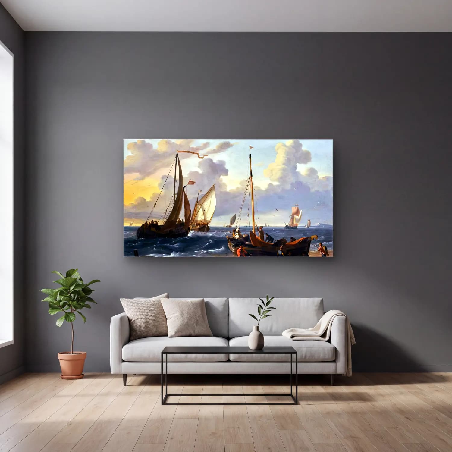 Ludolf Backhuysen – A Fishing Pink cam tablo — gri duvarlı salonda