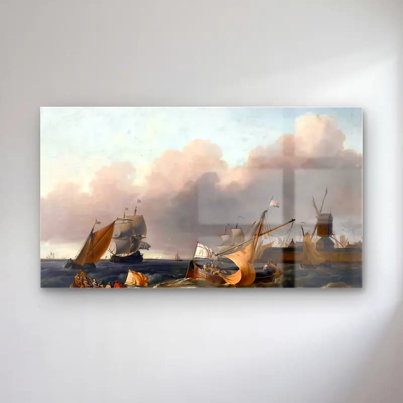 Ludolf Backhuysen – Dutch Coastal Vessels cam tablo — Ludolf Backhuysen – Dutch Coastal Vessels — yağlı boya fırtınalı denizde gemi
