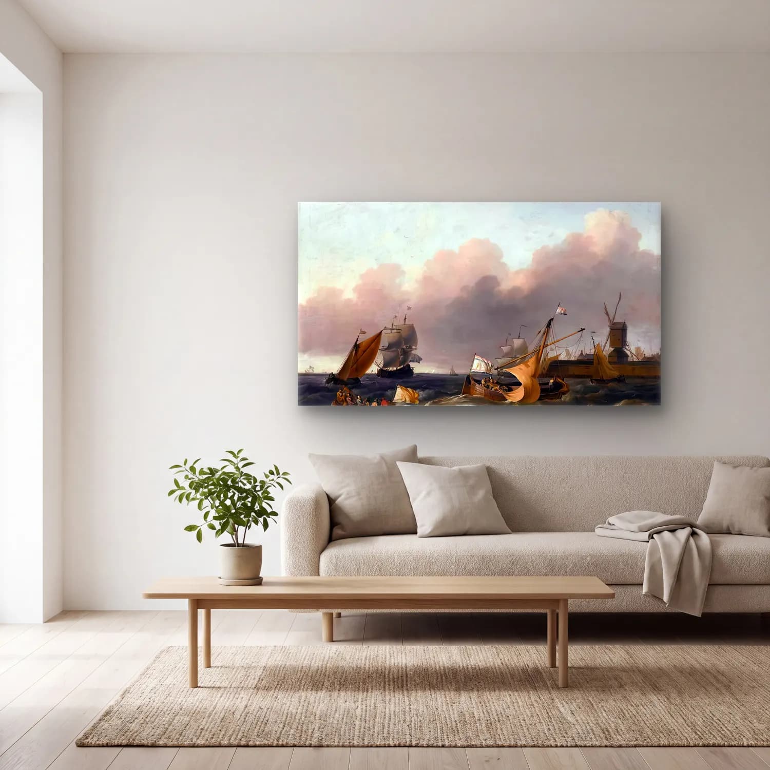 Ludolf Backhuysen – Dutch Coastal Vessels cam tablo — açık renk salonda