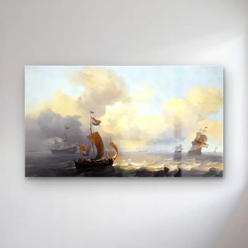 Ludolf Backhuysen – Dutch Vessels off a Coastline on a Breezy Day cam tablo — Ludolf Backhuysen – Dutch Vessels off a Coastline on a Breezy Day — yağlı boya fırtınalı denizde gemi