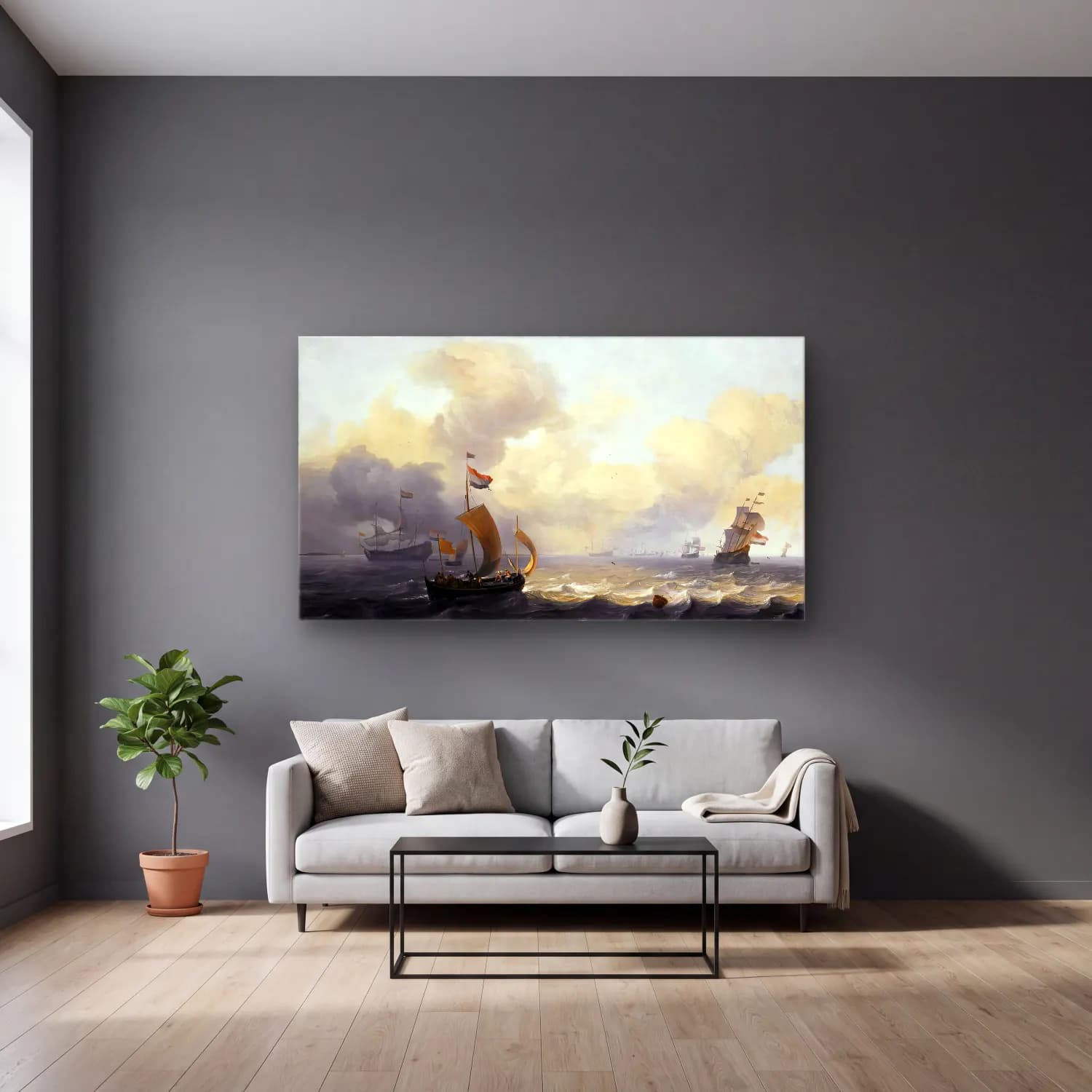 Ludolf Backhuysen – Dutch Vessels off a Coastline on a Breezy Day cam tablo — gri duvarlı salonda