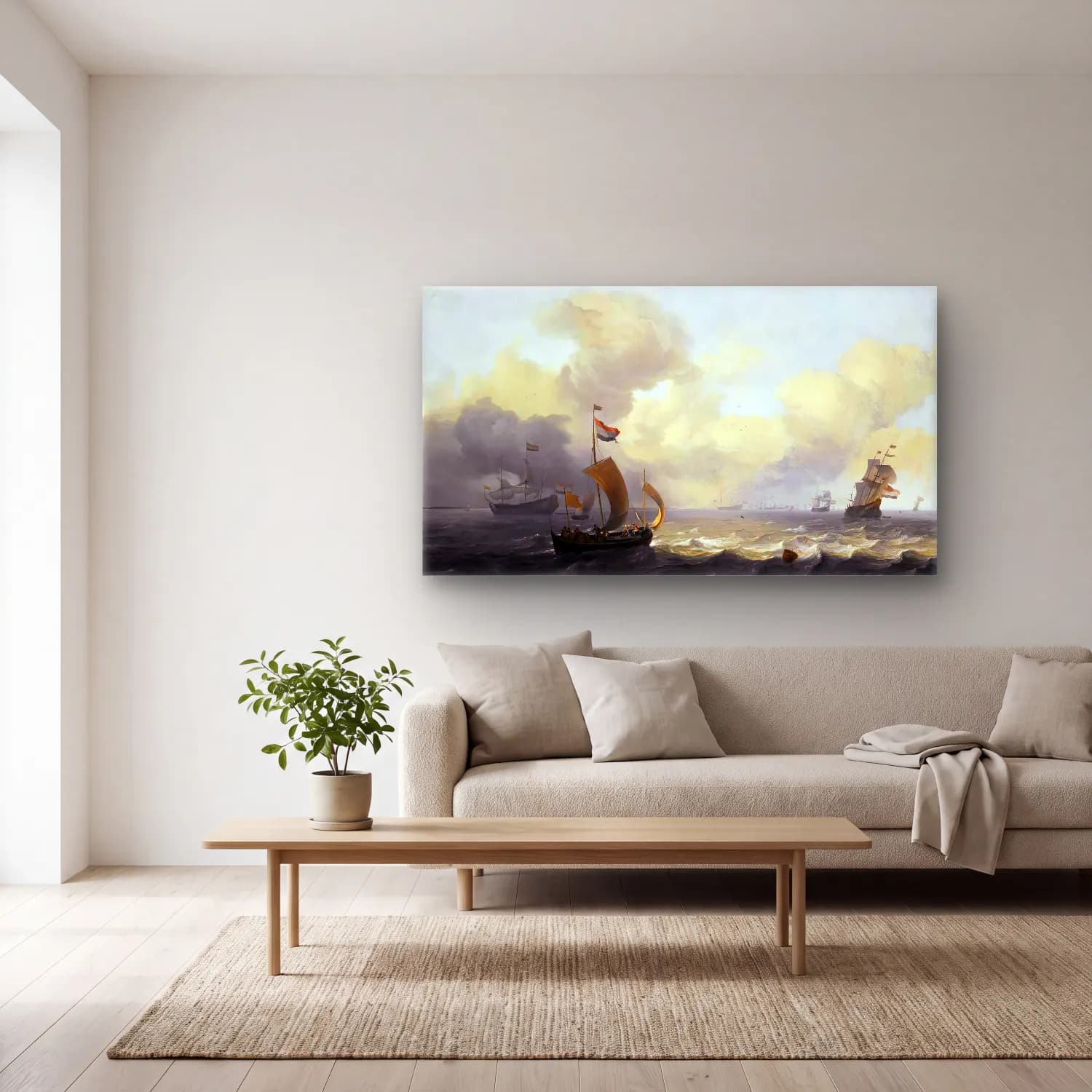 Ludolf Backhuysen – Dutch Vessels off a Coastline on a Breezy Day cam tablo — açık renk salonda