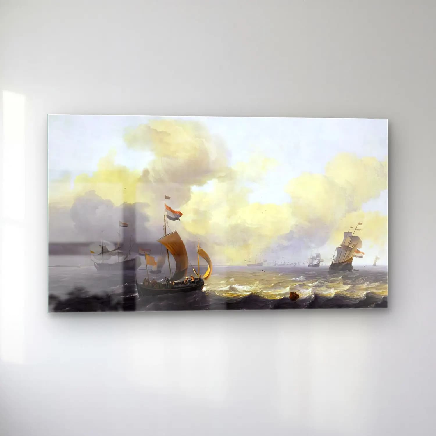 Ludolf Backhuysen – Dutch Vessels off a Coastline on a Breezy Day cam tablo — sol açıdan görünüm