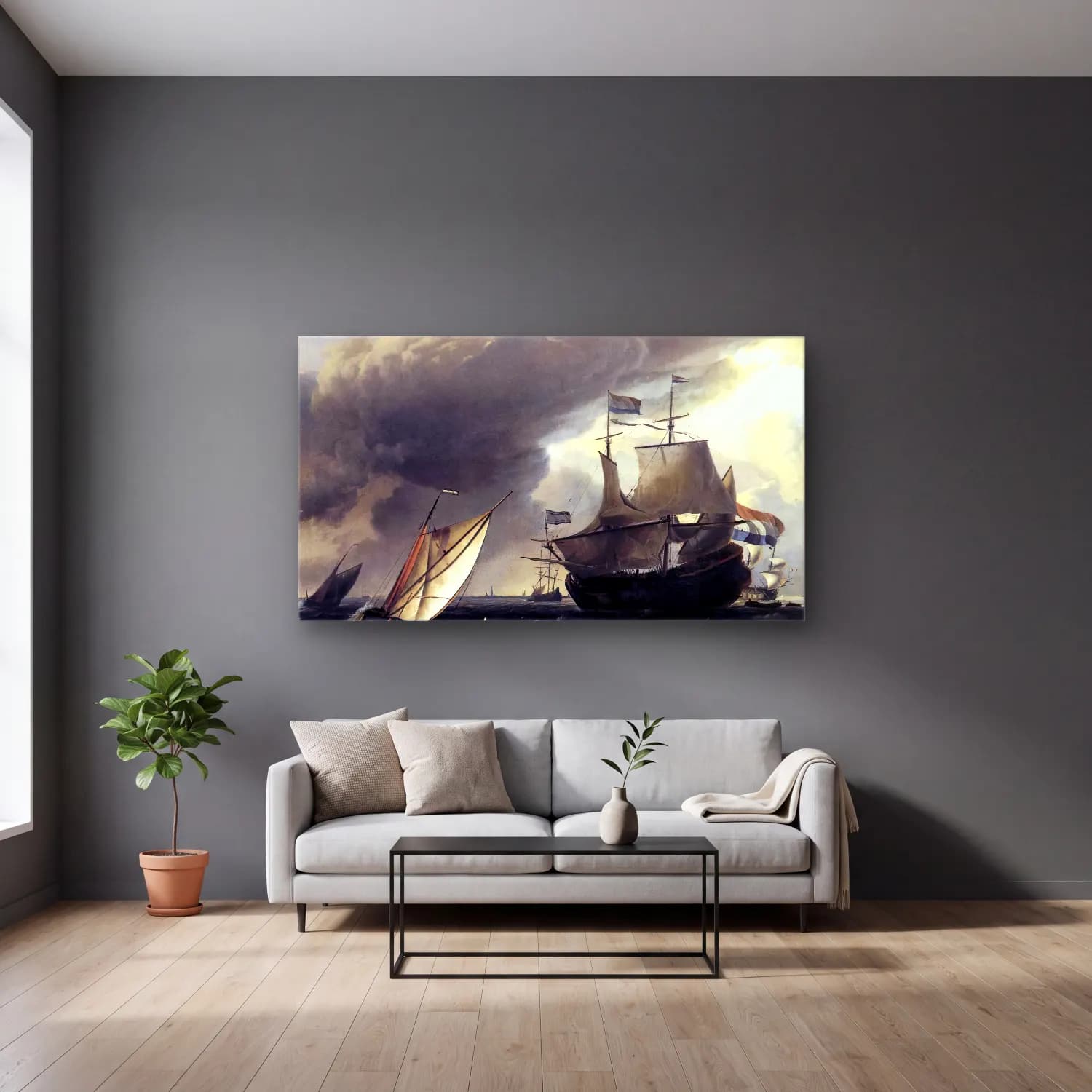 Ludolf Backhuysen – Dutch Vessels on the Sea at Amsterdam cam tablo — gri duvarlı salonda