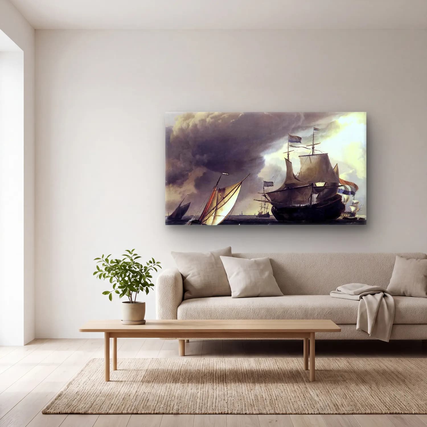 Ludolf Backhuysen – Dutch Vessels on the Sea at Amsterdam cam tablo — açık renk salonda