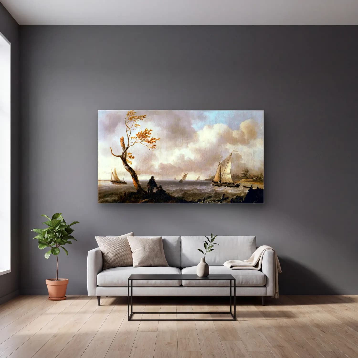 Ludolf Backhuysen – Fishing Boats and Coasting Vessel in Rough Weather cam tablo — gri duvarlı salonda