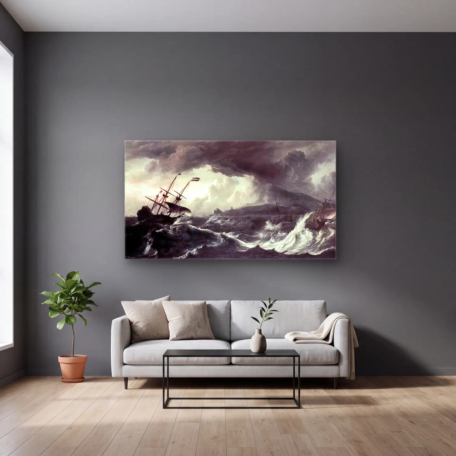 Ludolf Backhuysen – Ships Running Aground in a Storm cam tablo — gri duvarlı salonda