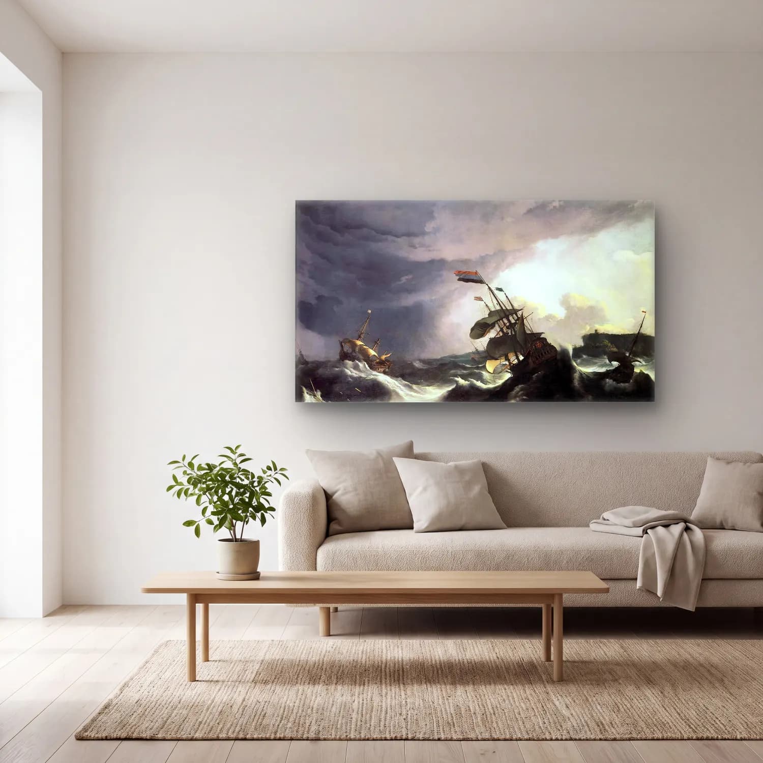 Ludolf Backhuysen – Ships in Distress in a Raging Storm cam tablo — açık renk salonda