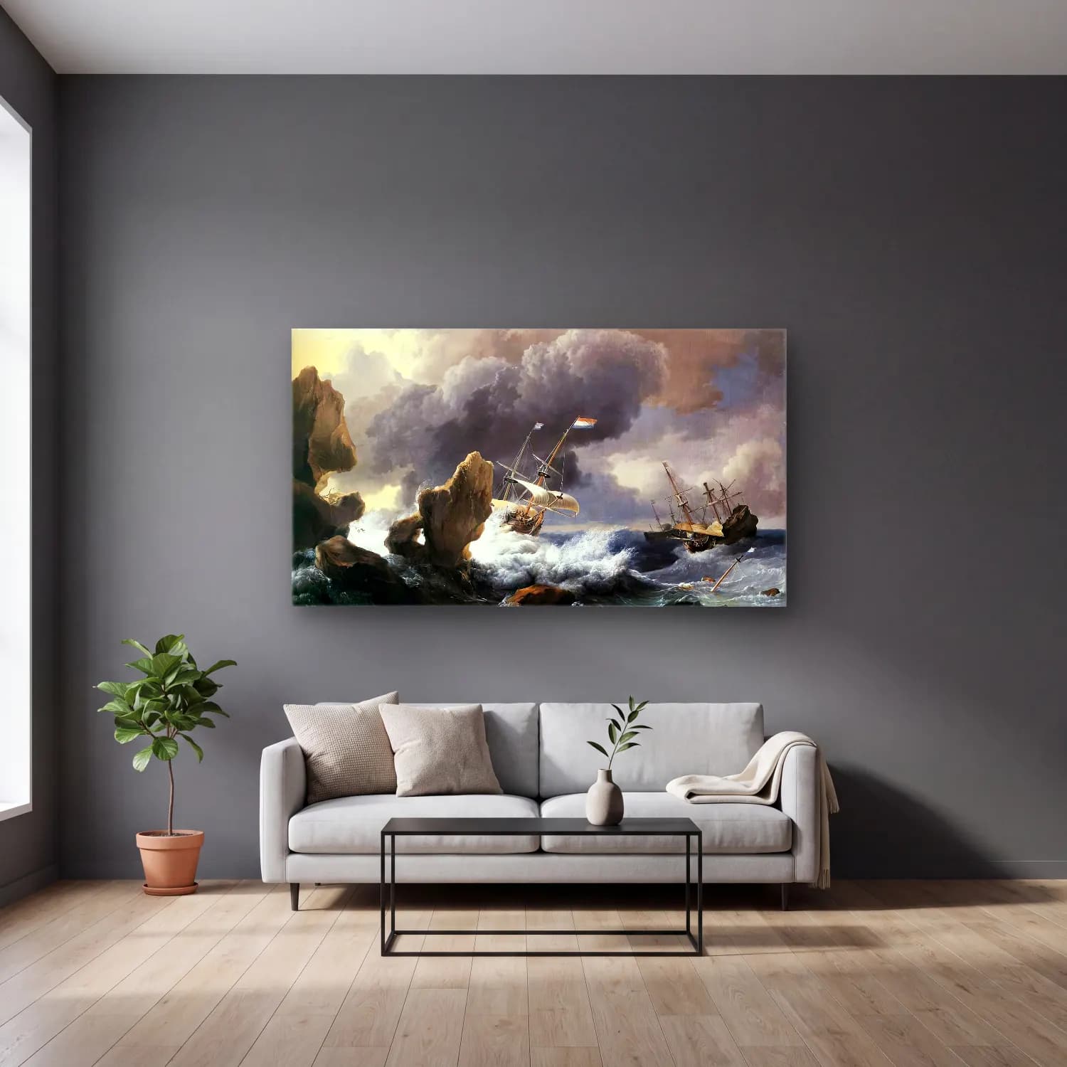 Ludolf Backhuysen – Ships in Distress off a Rocky Coast cam tablo — gri duvarlı salonda