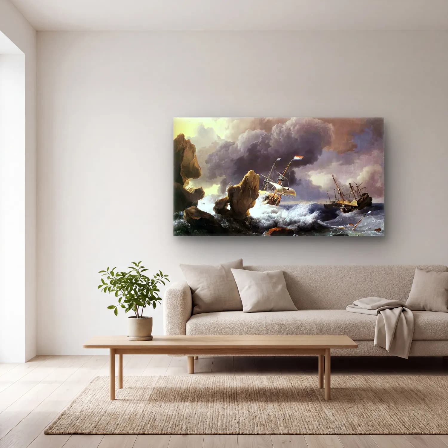 Ludolf Backhuysen – Ships in Distress off a Rocky Coast cam tablo — açık renk salonda