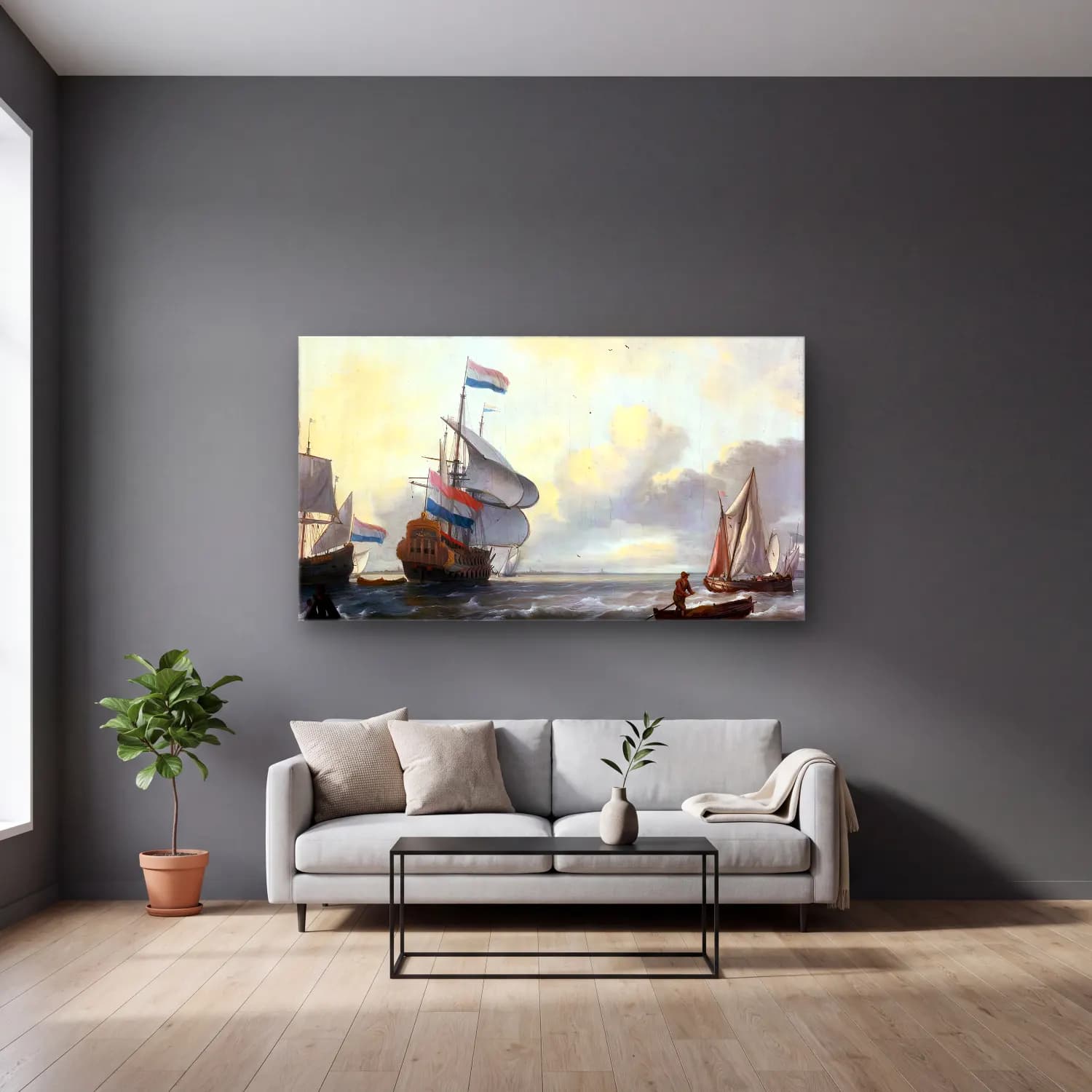 Ludolf Backhuysen – Ships in a Stiff Breeze cam tablo — gri duvarlı salonda