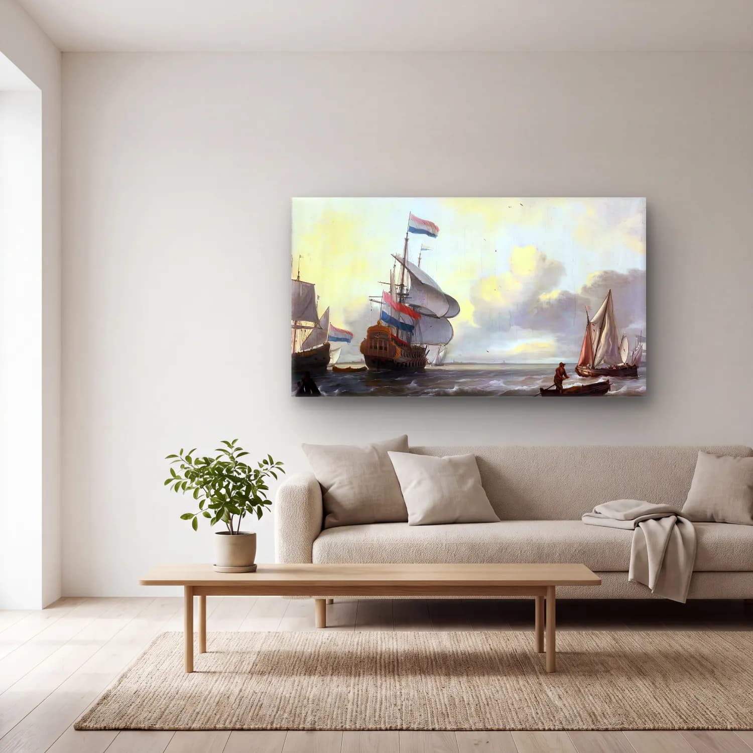 Ludolf Backhuysen – Ships in a Stiff Breeze cam tablo — açık renk salonda