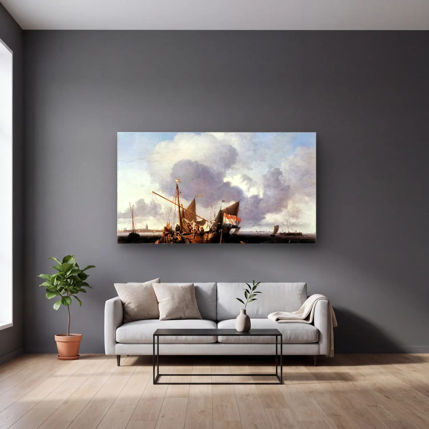 Ludolf Backhuysen – Ships on the Zuiderzee before the Fort of Naarden cam tablo — gri duvarlı salonda