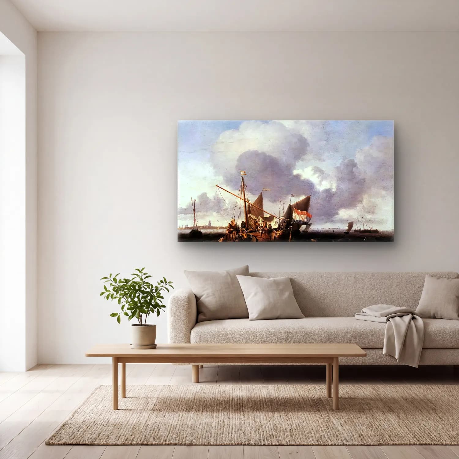 Ludolf Backhuysen – Ships on the Zuiderzee before the Fort of Naarden cam tablo — açık renk salonda