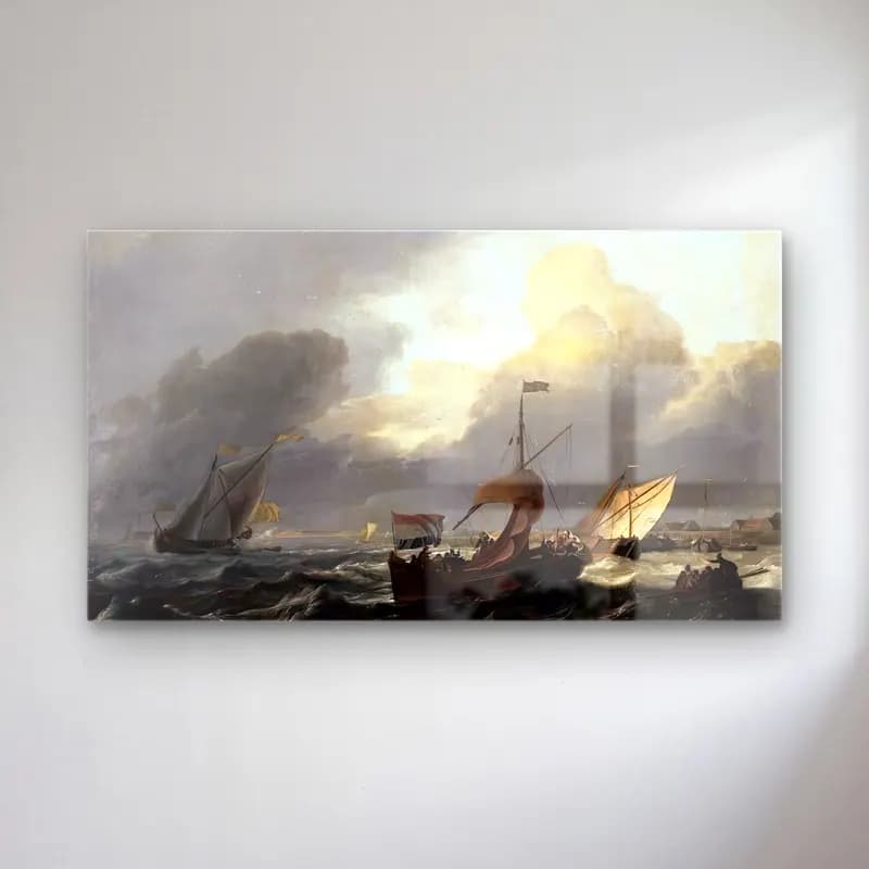 Ludolf Backhuysen – Small Dutch Vessels cam tablo — Ludolf Backhuysen – Small Dutch Vessels — yağlı boya fırtınalı denizde gemi