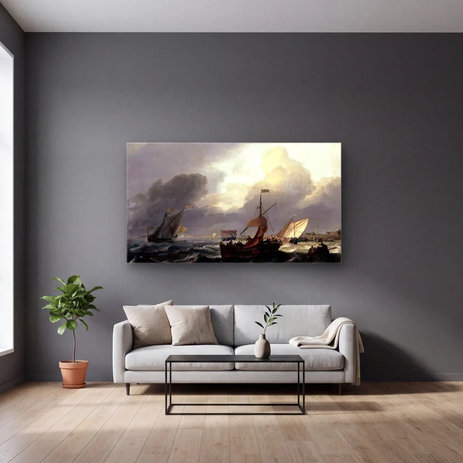 Ludolf Backhuysen – Small Dutch Vessels cam tablo — gri duvarlı salonda