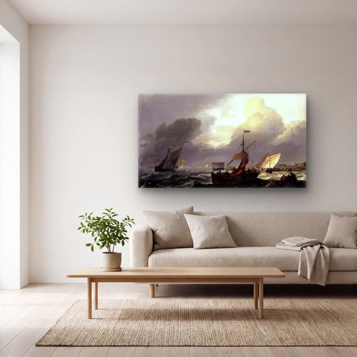 Ludolf Backhuysen – Small Dutch Vessels cam tablo — açık renk salonda