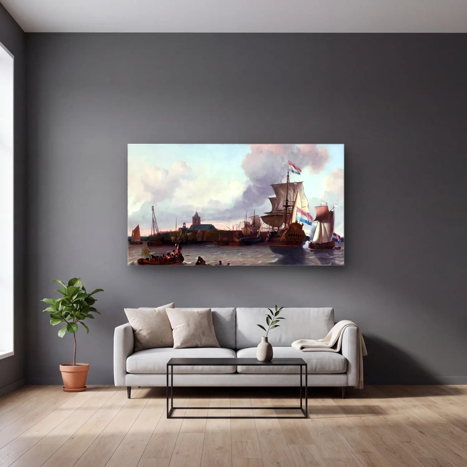 Ludolf Backhuysen – View from the Nieuwe Maas River towards the City of… cam tablo — gri duvarlı salonda
