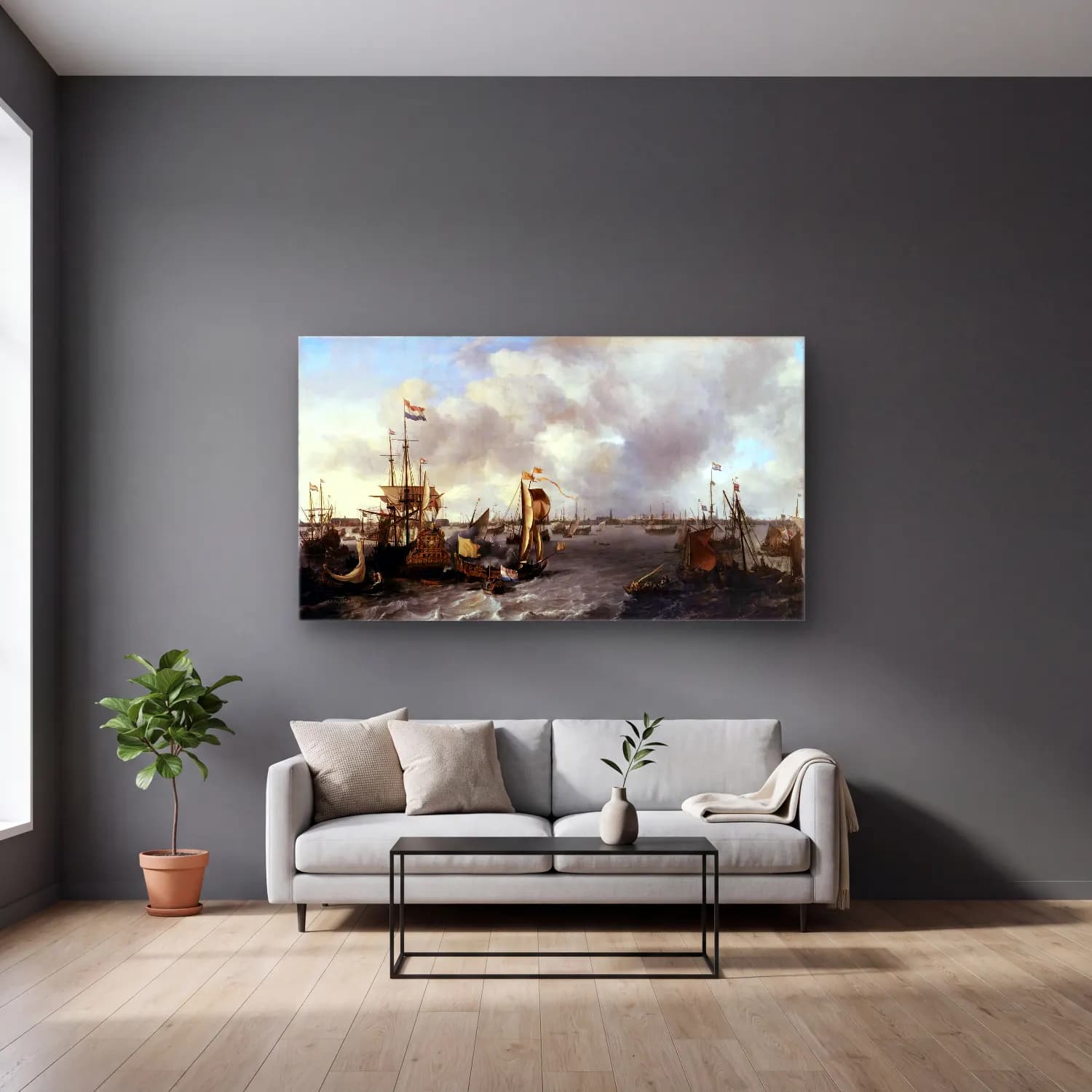 Ludolf Backhuysen – View of Amsterdam with Ships on the Ij cam tablo — gri duvarlı salonda