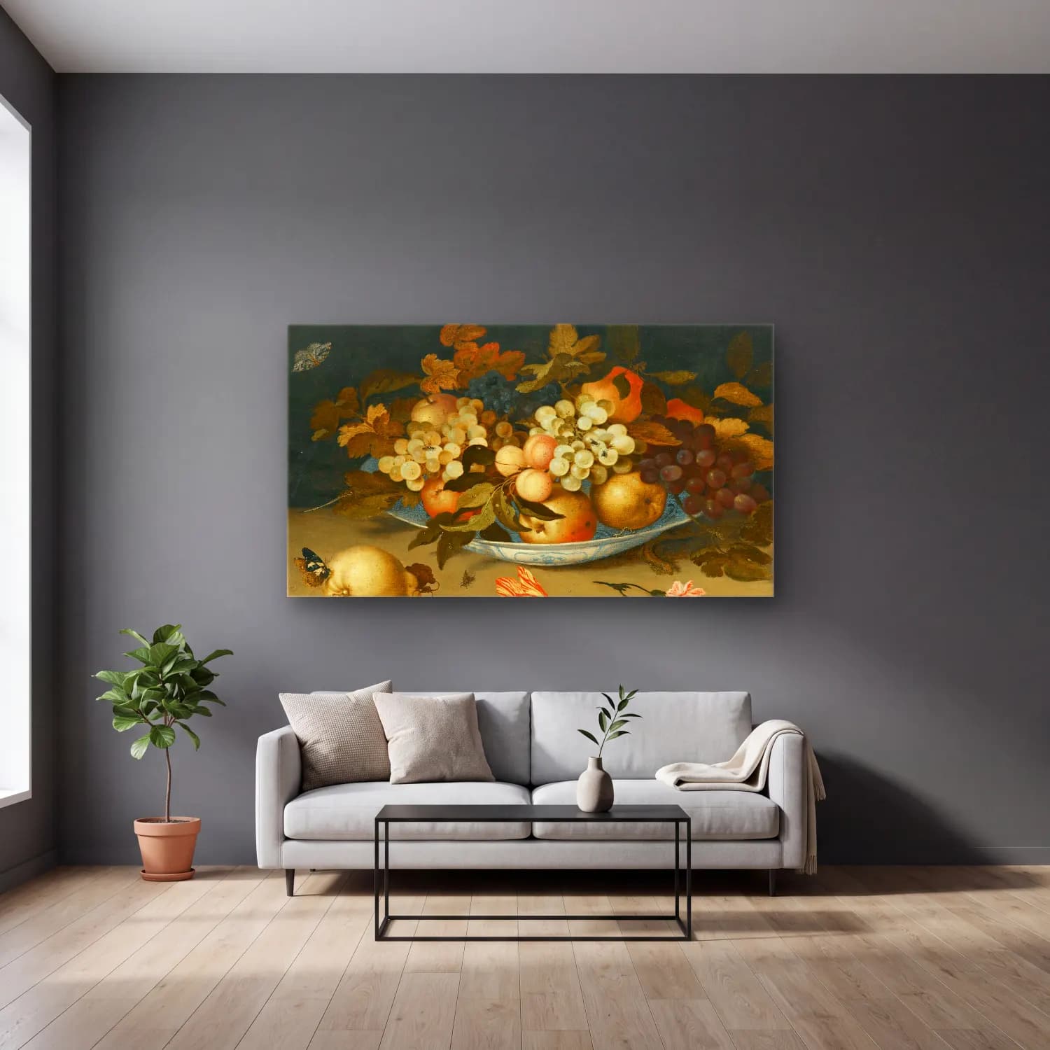 Balthasar van der Ast – A Still Life With A Delft Bowl Containing Fruit, On A Ledge… cam tablo — gri duvarlı salonda