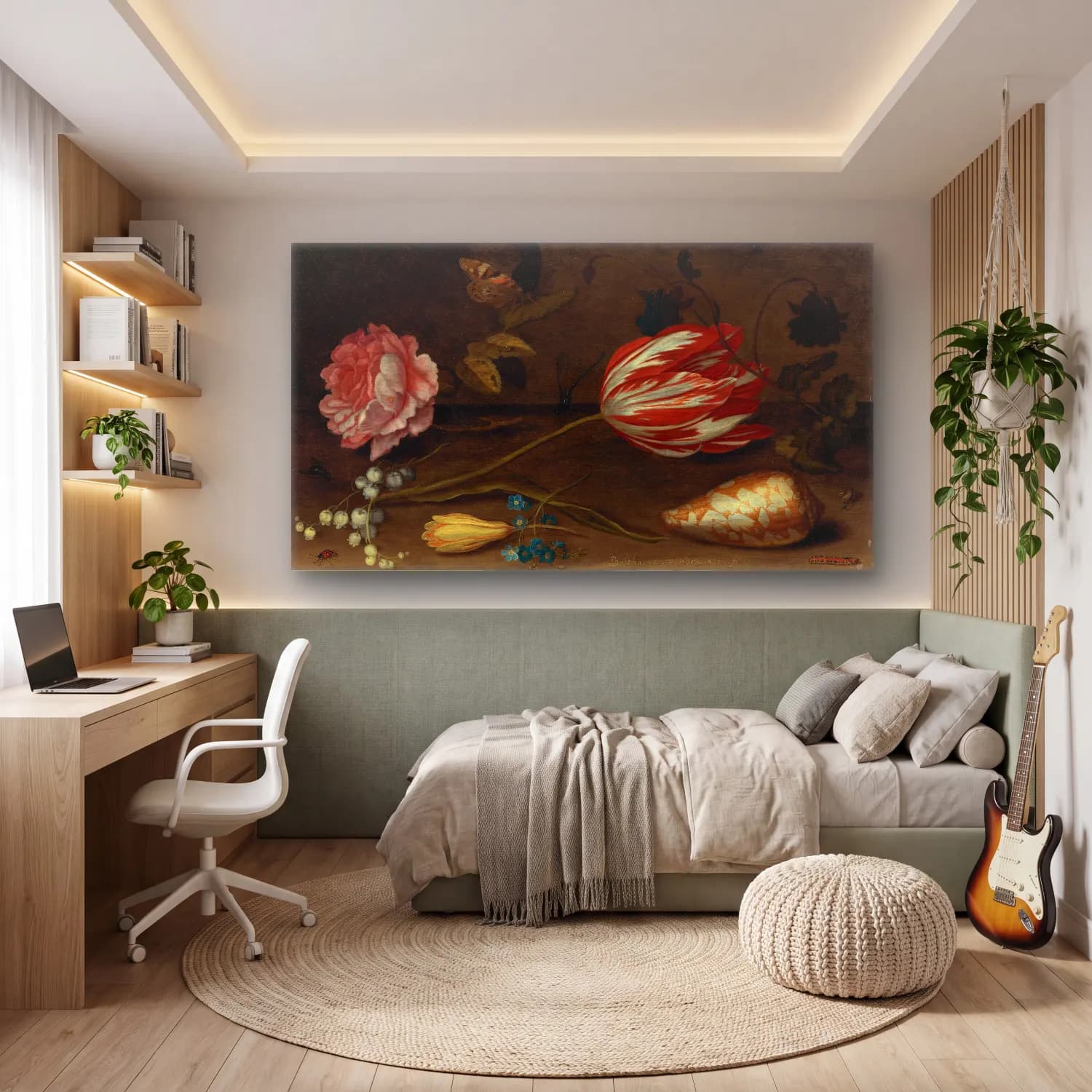 Balthasar van der Ast – A still life with flowers in a porcelain vase, seashells… cam tablo — genç odasında