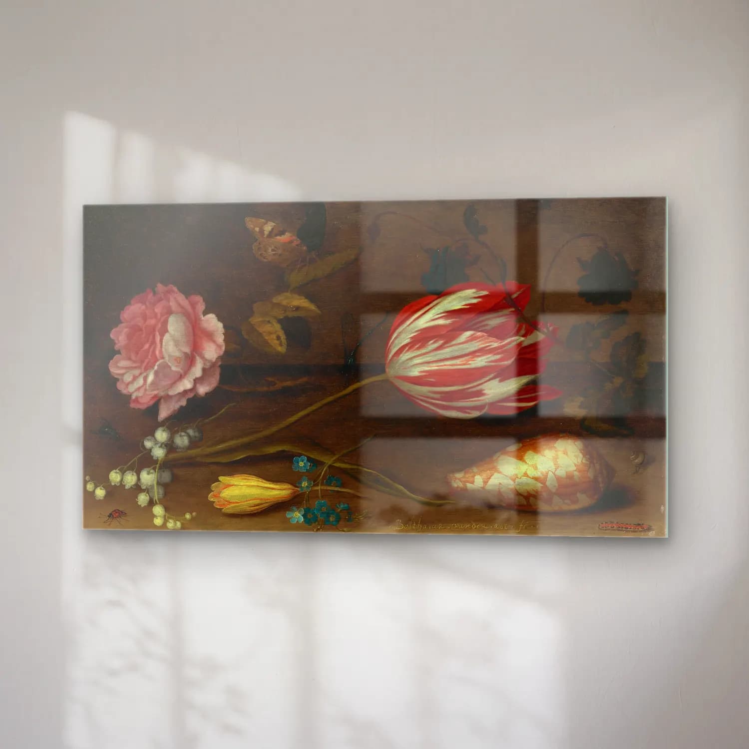 Balthasar van der Ast – A still life with flowers in a porcelain vase, seashells… cam tablo — sağ açıdan görünüm