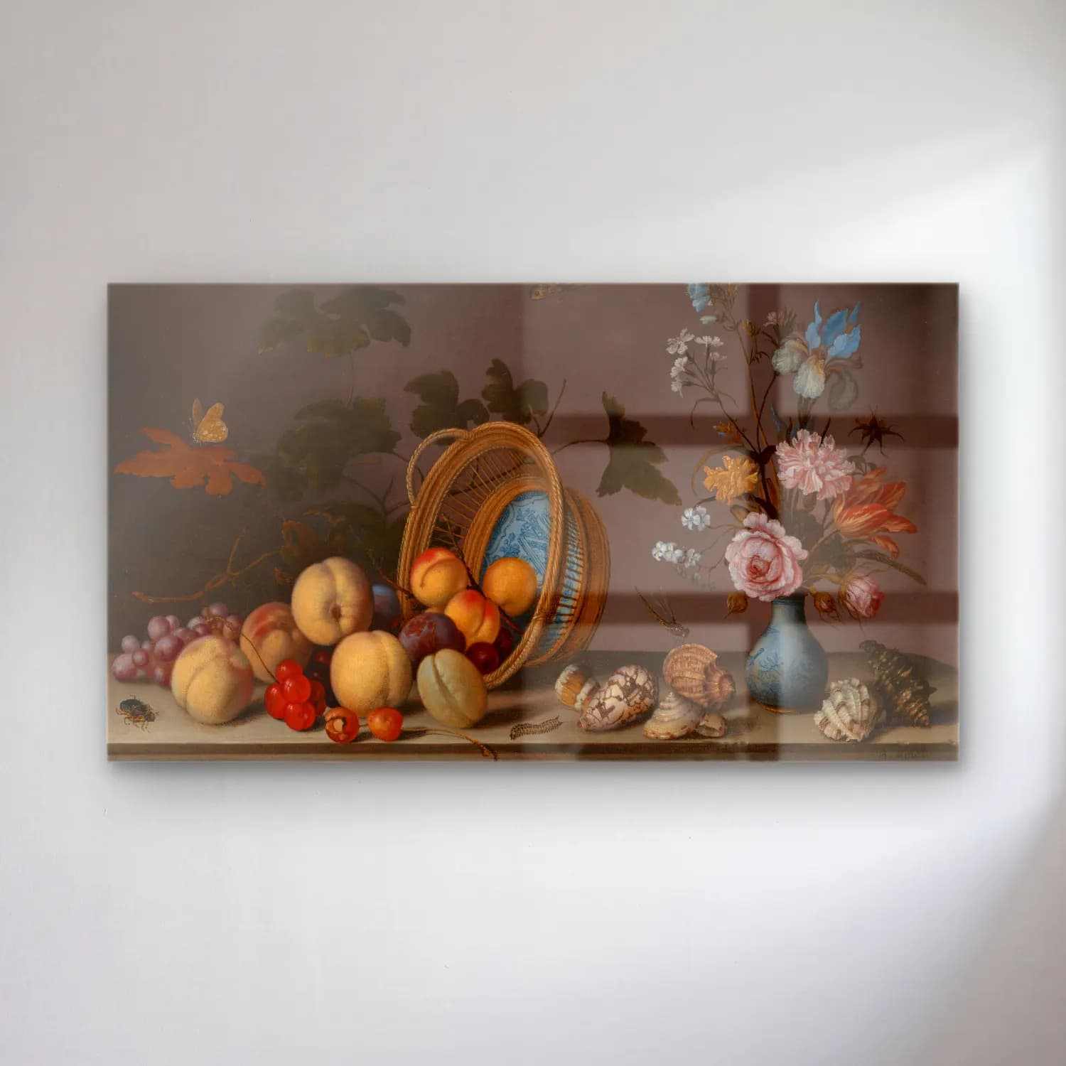 Balthasar van der Ast – Apples and grapes in a basket, with fruit and shells on a… cam tablo — Balthasar van der Ast – Apples and grapes in a basket, with fruit and shells on a… — yağlı boya meyveli natürmort