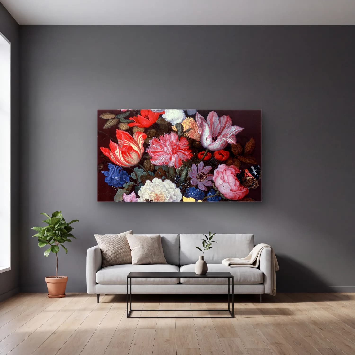 Balthasar van der Ast – Basket of Flowers cam tablo — gri duvarlı salonda