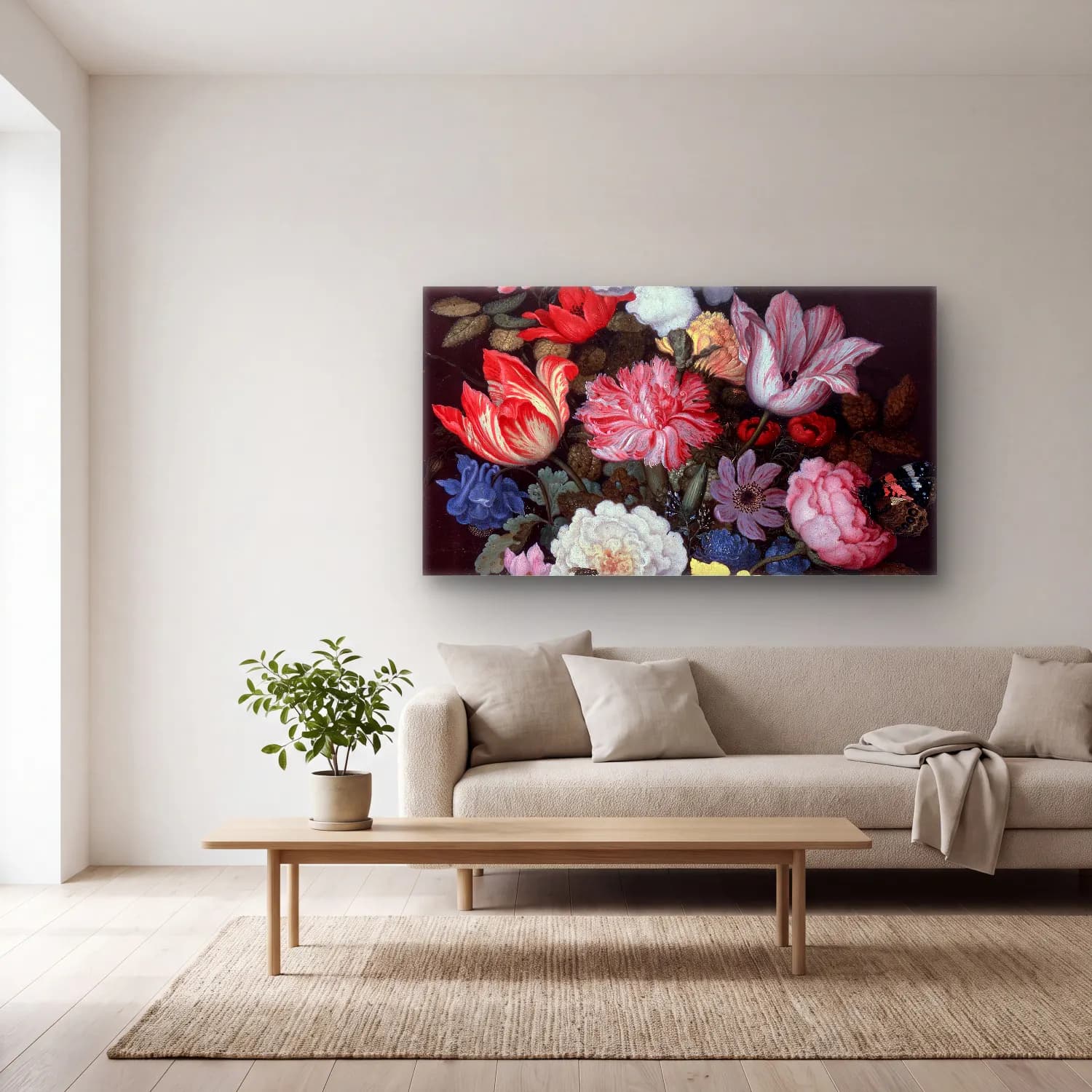 Balthasar van der Ast – Basket of Flowers cam tablo — açık renk salonda