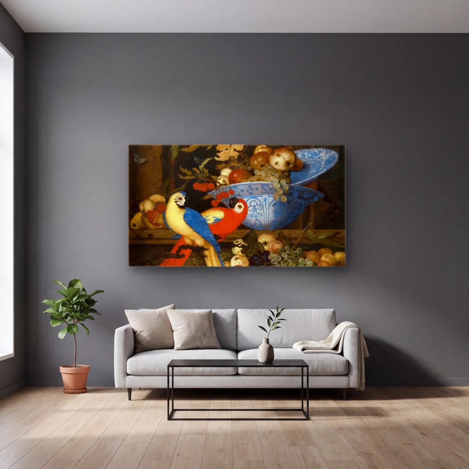 Balthasar van der Ast – Flowers in a Wan-Li Vase cam tablo — gri duvarlı salonda