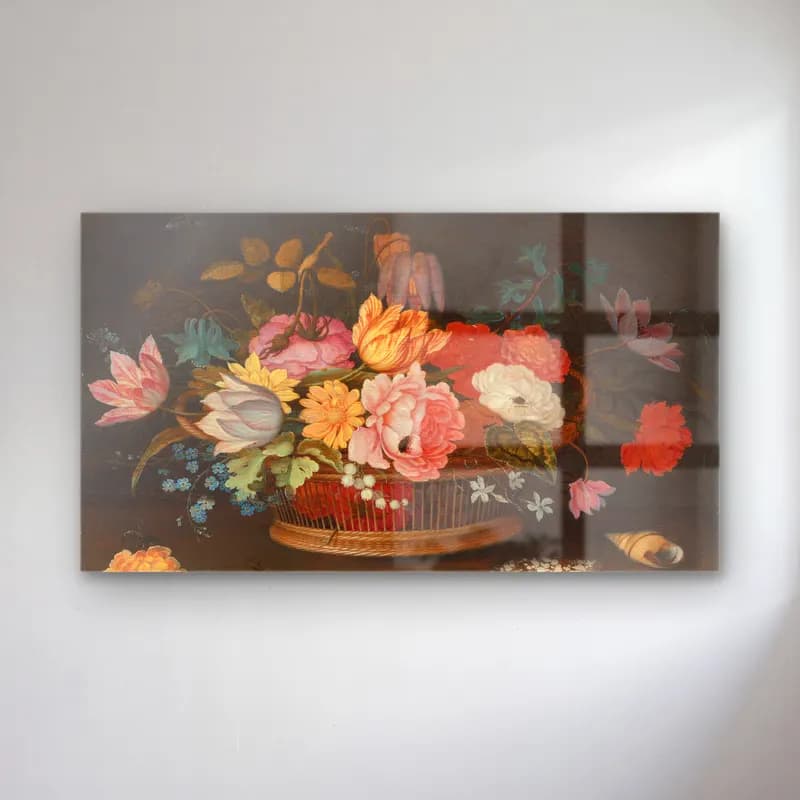Balthasar van der Ast – Flowers in a wicker basket on a table cam tablo — Balthasar van der Ast – Flowers in a wicker basket on a table — yağlı boya çiçek bahçesi