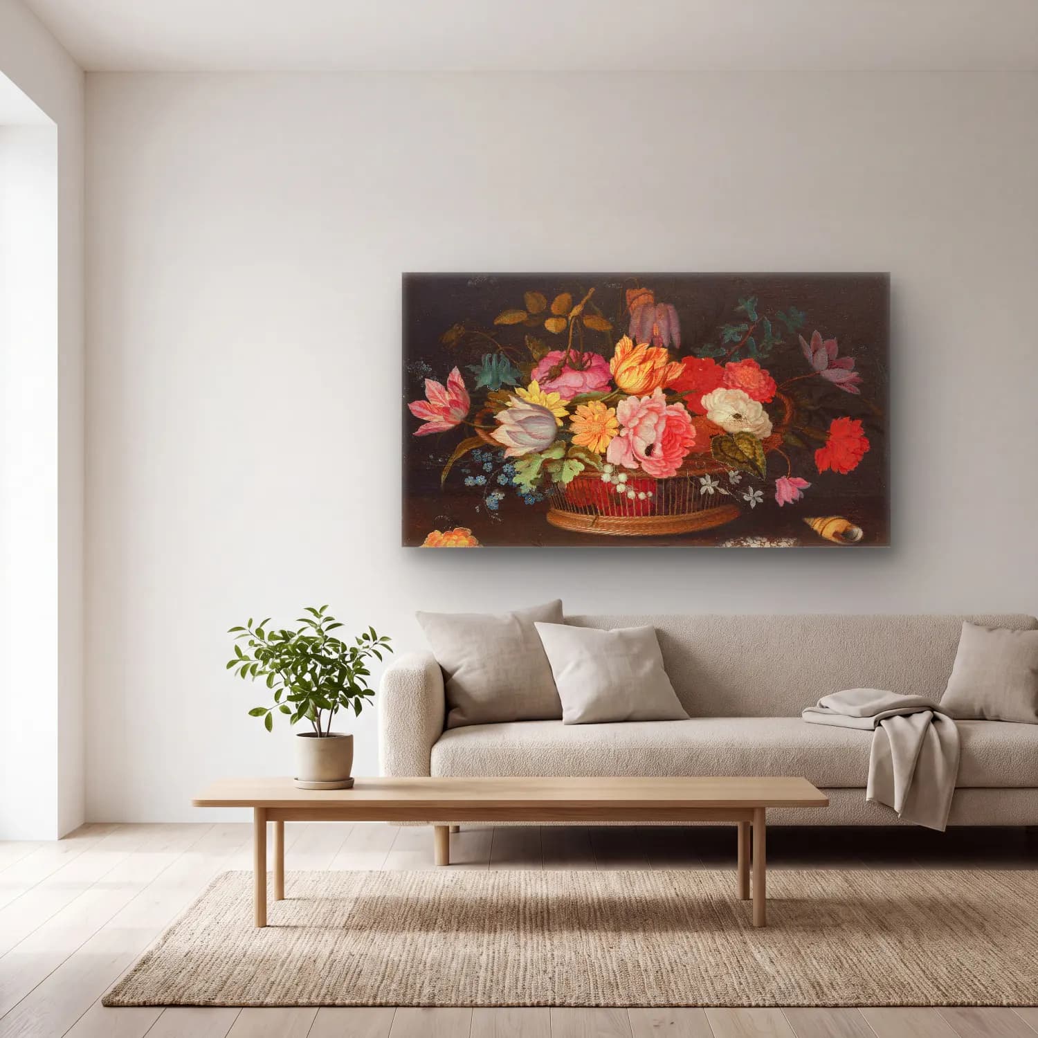Balthasar van der Ast – Flowers in a wicker basket on a table cam tablo — açık renk salonda
