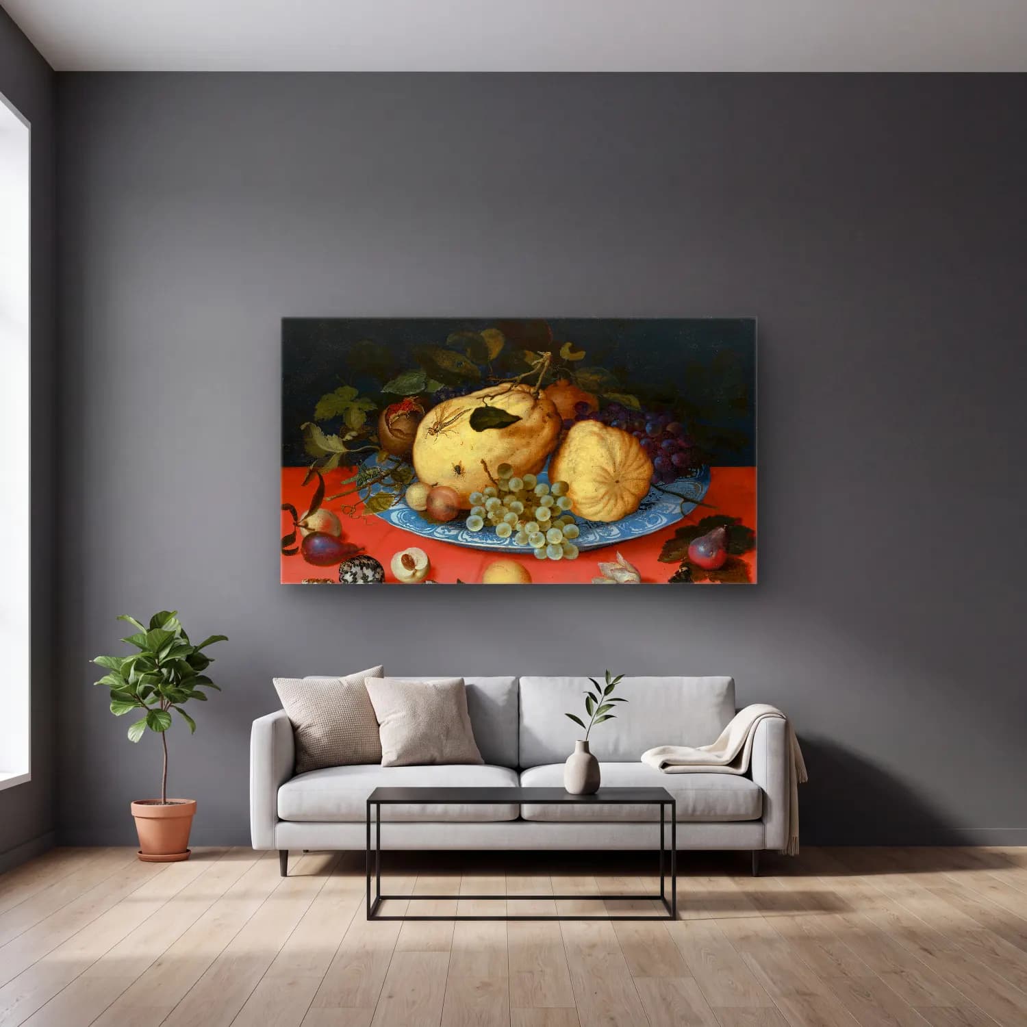 Balthasar van der Ast – Fruit Still Life with Shells and Tulip cam tablo — gri duvarlı salonda