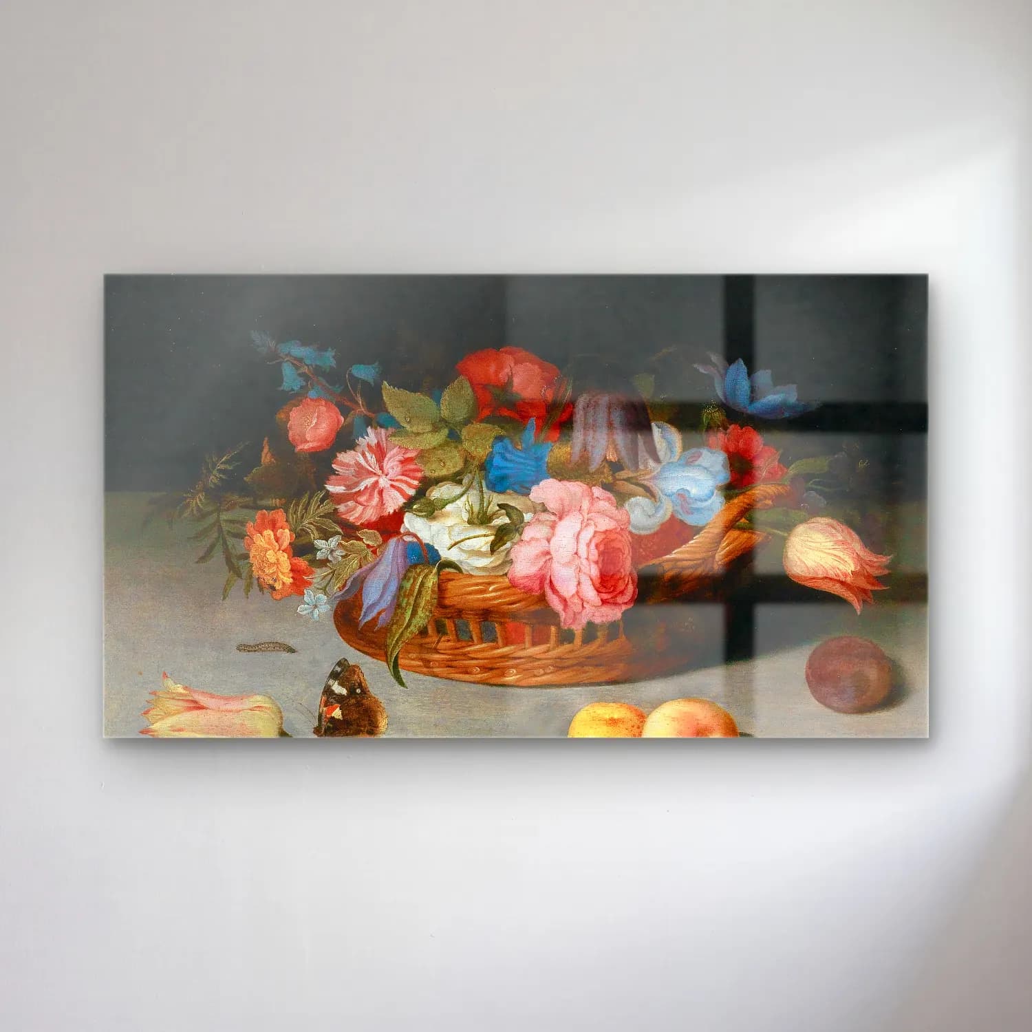 Balthasar van der Ast – Roses, tulips, irises and other flowers in a wicker basket,… cam tablo — Balthasar van der Ast – Roses, tulips, irises and other flowers in a wicker basket,… — yağlı boya meyveli natürmort