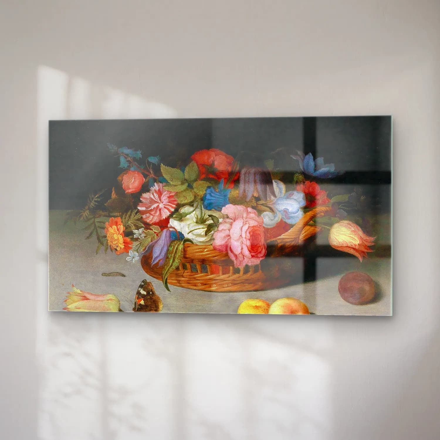 Balthasar van der Ast – Roses, tulips, irises and other flowers in a wicker basket,… cam tablo — sağ açıdan görünüm