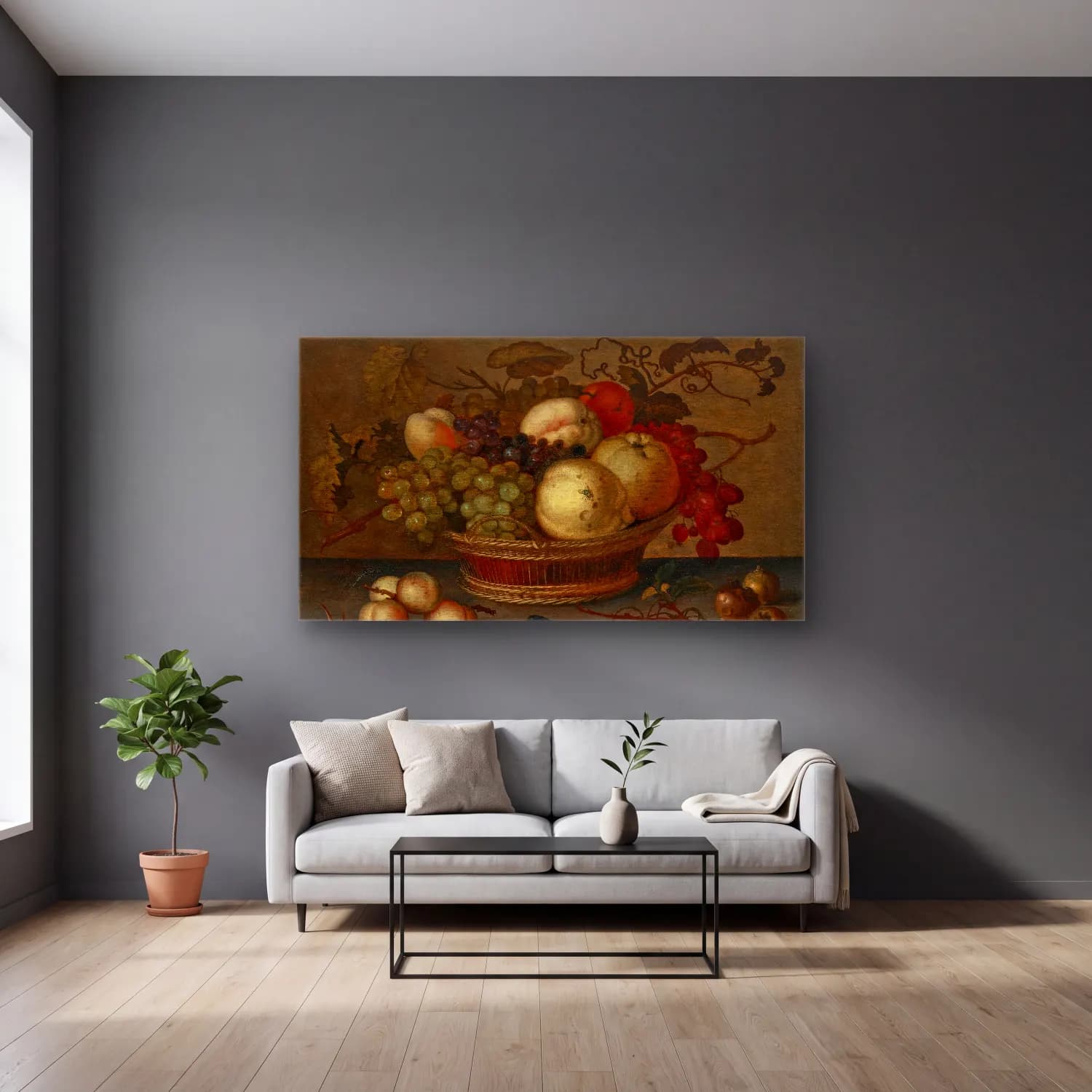 Balthasar van der Ast – Still Life of Flowers, Fruit, Shells, and Insects (About… cam tablo — gri duvarlı salonda