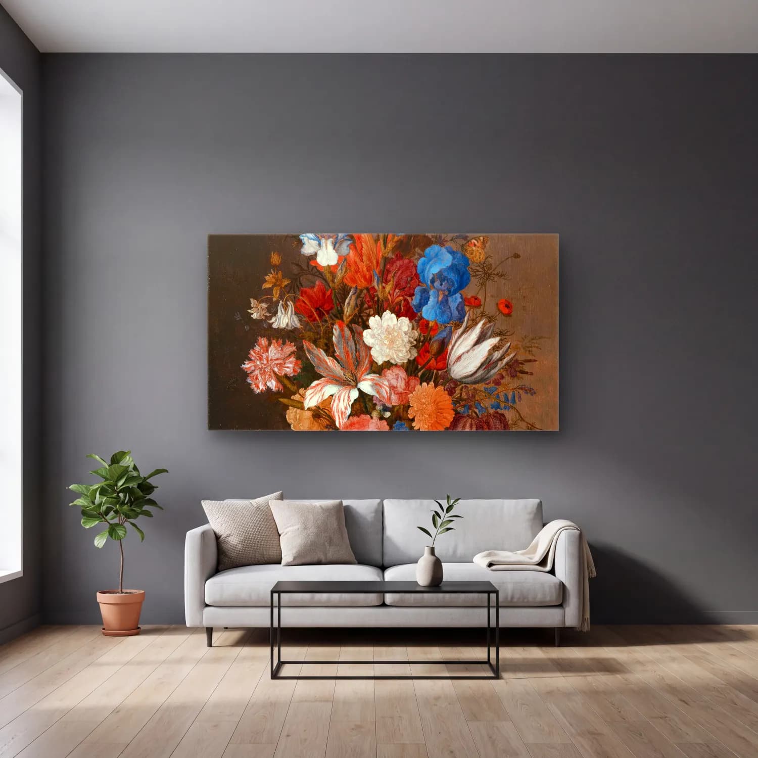 Balthasar van der Ast – Still Life with Flowers cam tablo — gri duvarlı salonda
