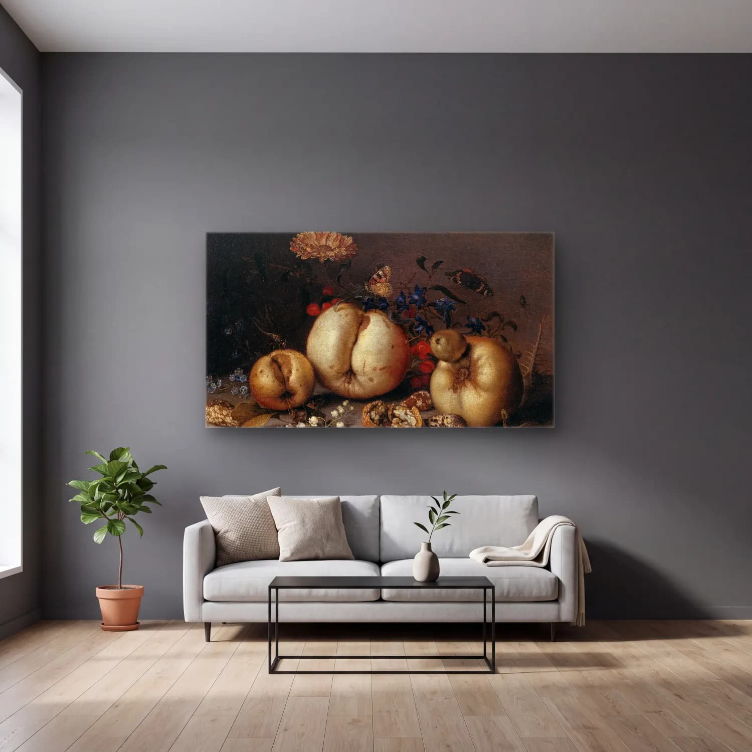 Balthasar van der Ast – Still Life with Fruit and Shells cam tablo — gri duvarlı salonda