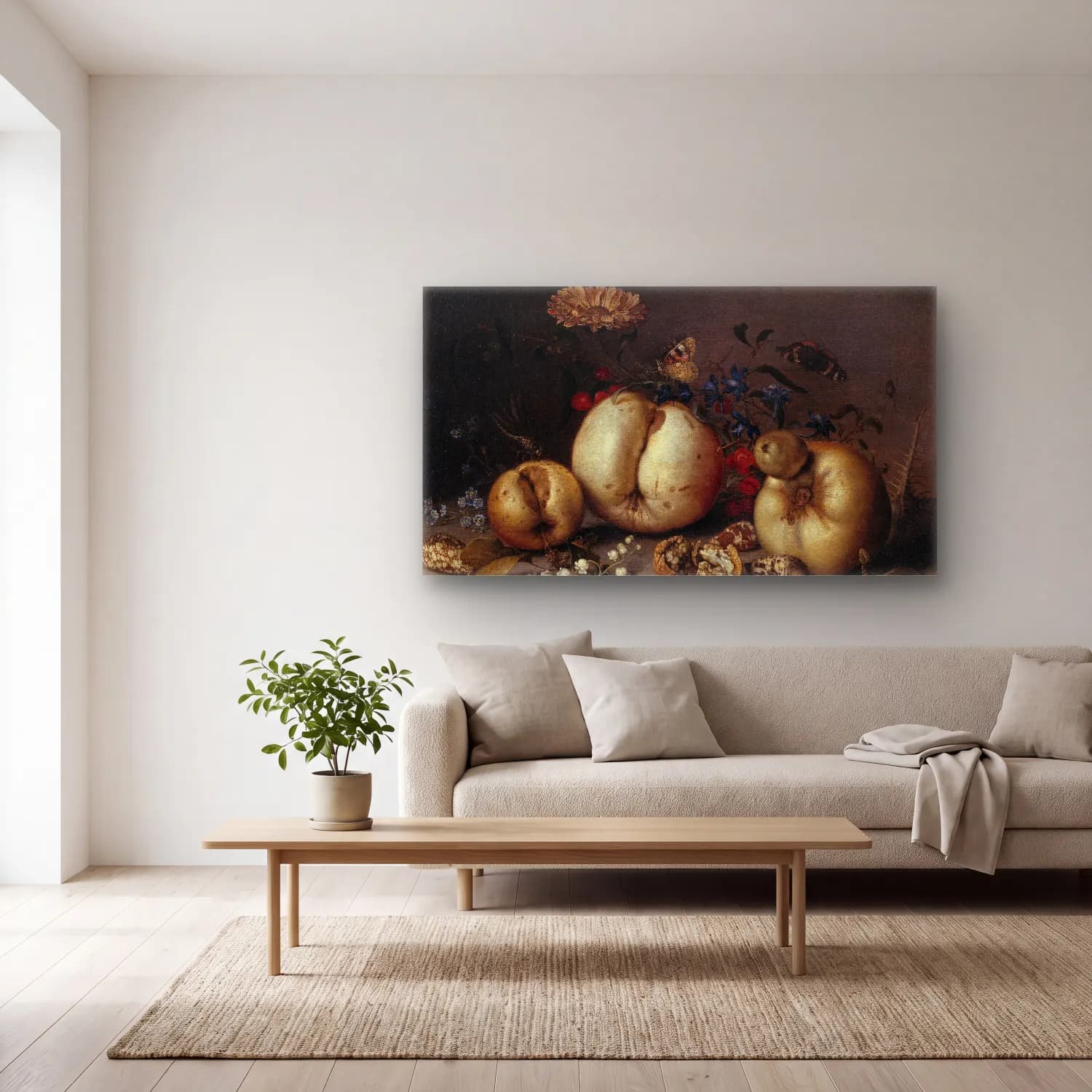 Balthasar van der Ast – Still Life with Fruit and Shells cam tablo — açık renk salonda