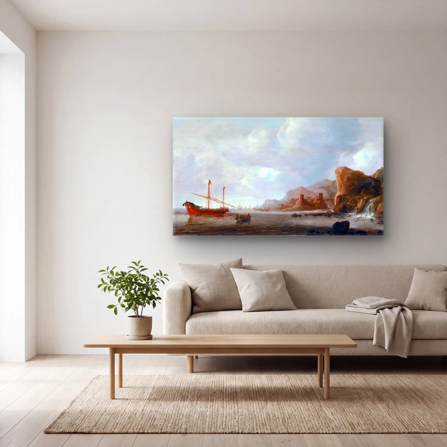 Jan Abrahamsz. Beerstraten – Galley in front of a Mediterranean Coast cam tablo — açık renk salonda
